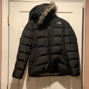 North face black puffer with faux fur hood
